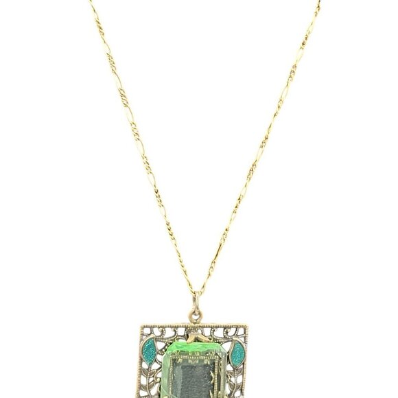 Artistry Green Glass Filigree Framed Pendant Necklace Enamel & Faux Pearl Accent - Picture 9 of 16